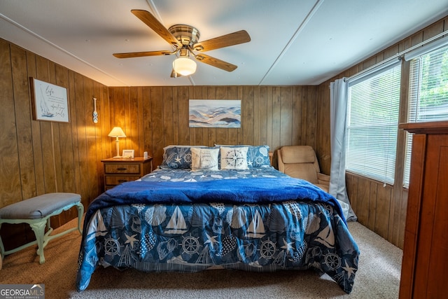 5525 Mount Shores Cir, Gainesville, GA 30506 - carpeted bedroom featuring wooden walls and a ceiling fan