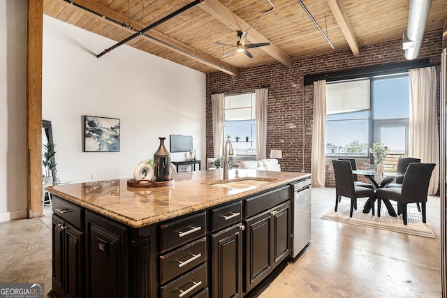 204 Walker St SW Unit 319, Atlanta, GA 30313 - kitchen with a sink, finished concrete flooring, wood ceiling, brick wall, and a ceiling fan