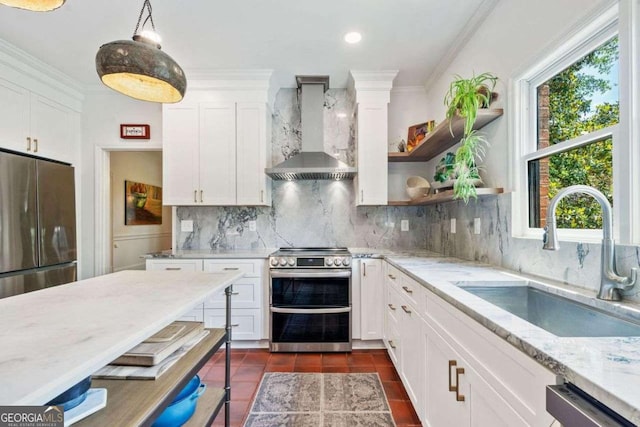 4411 Paces Battle NW, Atlanta, GA 30327 - kitchen featuring stainless steel appliances, wall chimney exhaust hood, white cabinetry, open shelves, and crown molding