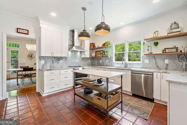 4411 Paces Battle NW, Atlanta, GA 30327 - kitchen with stainless steel appliances, open shelves, wall chimney range hood, healthy amount of natural light, and crown molding
