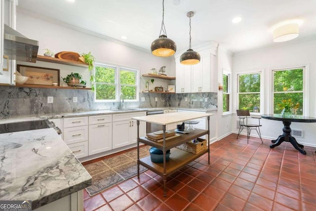 4411 Paces Battle NW, Atlanta, GA 30327 - kitchen featuring open shelves, crown molding, backsplash, white cabinets, and decorative light fixtures