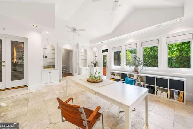 4411 Paces Battle NW, Atlanta, GA 30327 - dining area with built in shelves, recessed lighting, a ceiling fan, high vaulted ceiling, and light tile patterned floors