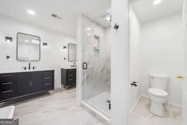 4411 Paces Battle NW, Atlanta, GA 30327 - full bath featuring marble look tile flooring, a marble finish shower, vanity, and recessed lighting