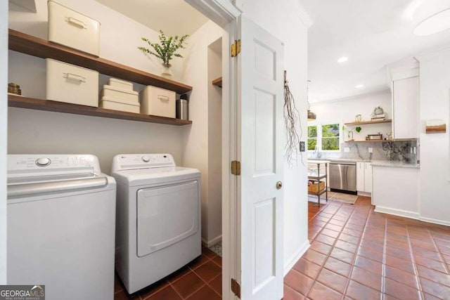 4411 Paces Battle NW, Atlanta, GA 30327 - laundry area with washing machine and dryer, tile patterned flooring, and recessed lighting