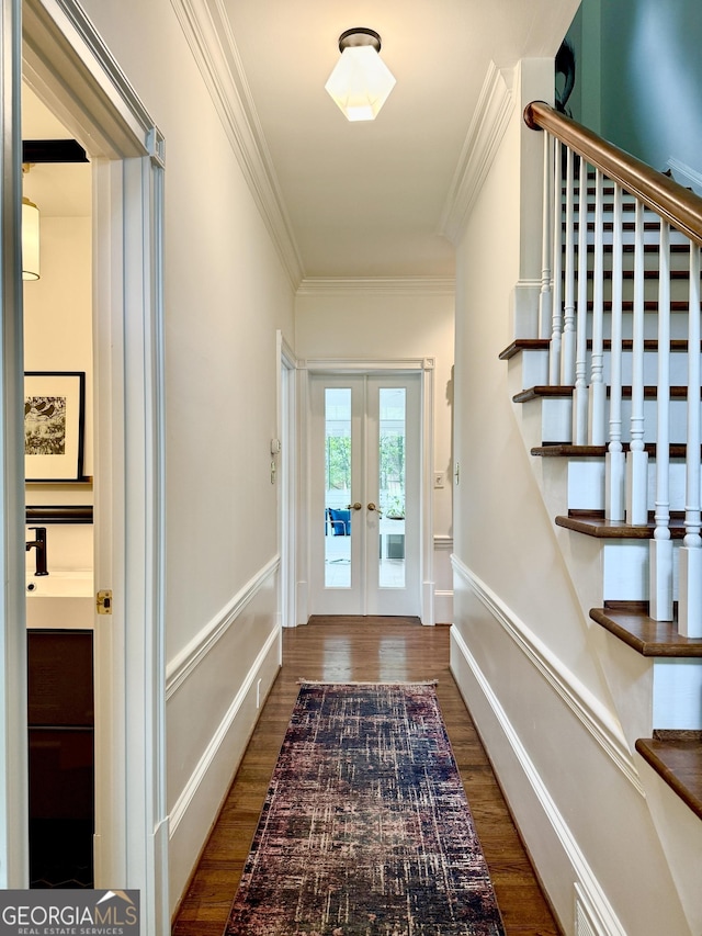 4411 Paces Battle NW, Atlanta, GA 30327 - entryway featuring french doors, stairs, wood finished floors, and ornamental molding