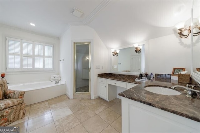 4470 Crestwicke Pointe, Atlanta, GA 30319 - full bathroom with ornamental molding, a garden tub, vanity, a shower stall, and tile patterned flooring