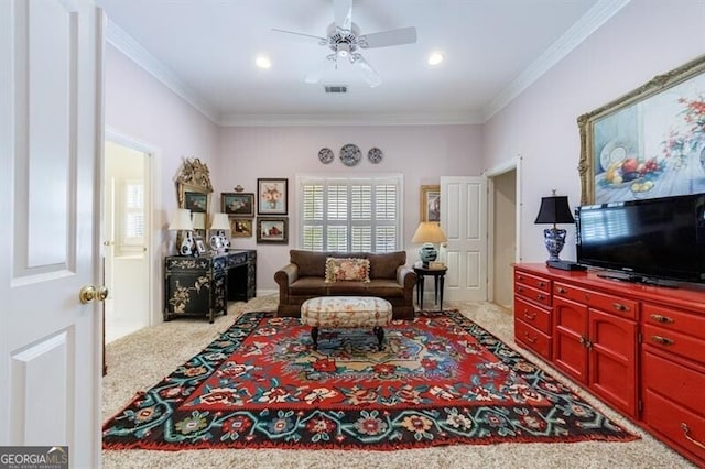 4470 Crestwicke Pointe, Atlanta, GA 30319 - living room featuring carpet floors, ceiling fan, and ornamental molding