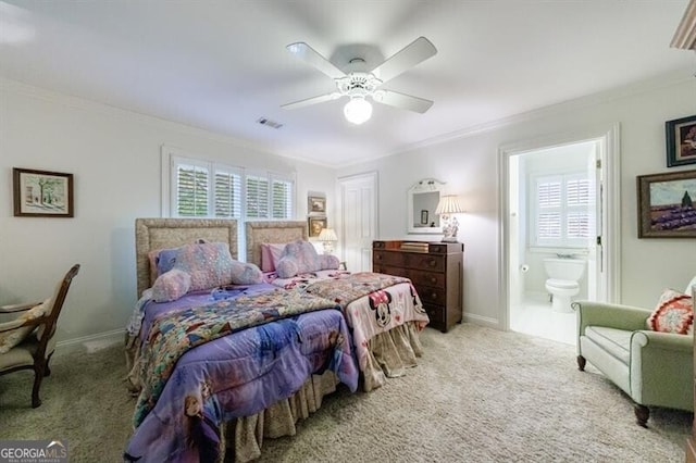 4470 Crestwicke Pointe, Atlanta, GA 30319 - bedroom with crown molding, carpet flooring, connected bathroom, baseboards, and ceiling fan