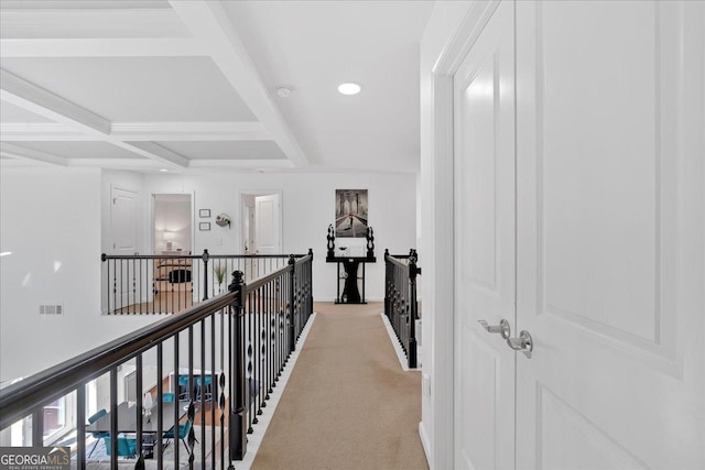 138 Lakestone Pkwy, Woodstock, GA 30188 - hallway featuring light carpet, recessed lighting, beam ceiling, and coffered ceiling