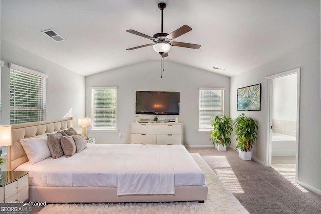 953 Mystic Way, Hampton, GA 30228 - bedroom with carpet floors, vaulted ceiling, ensuite bath, and a ceiling fan