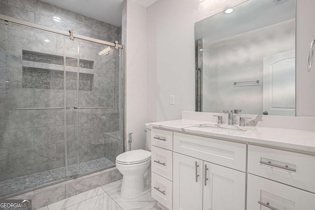 953 Mystic Way, Hampton, GA 30228 - full bath with vanity, a stall shower, marble finish flooring, and recessed lighting
