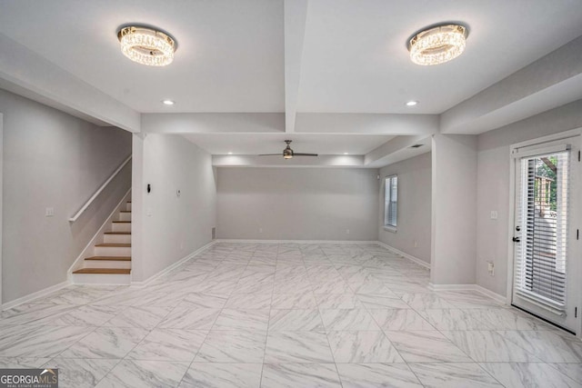 953 Mystic Way, Hampton, GA 30228 - spare room with light marble finish floors, stairs, recessed lighting, and ceiling fan