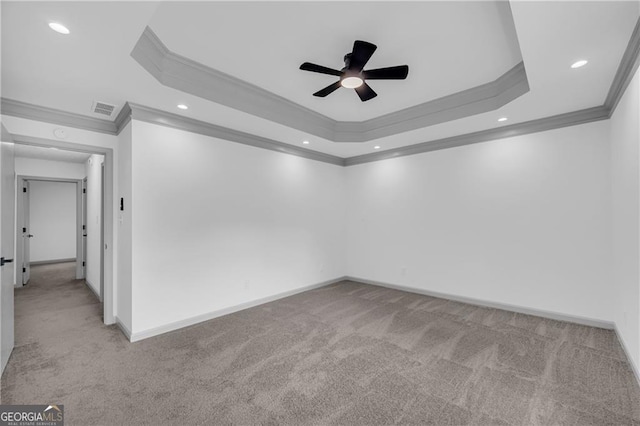 5200 Beechwood Forest Ct, Lithonia, GA 30038 - empty room with crown molding, carpet floors, a raised ceiling, a ceiling fan, and recessed lighting