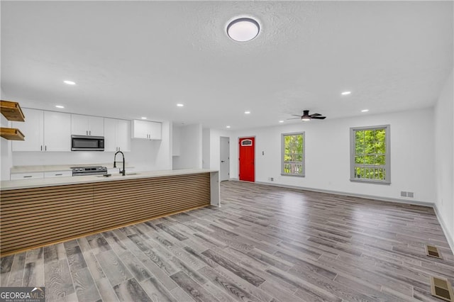 5200 Beechwood Forest Ct, Lithonia, GA 30038 - kitchen with appliances with stainless steel finishes, light countertops, light wood-style floors, open shelves, and white cabinets