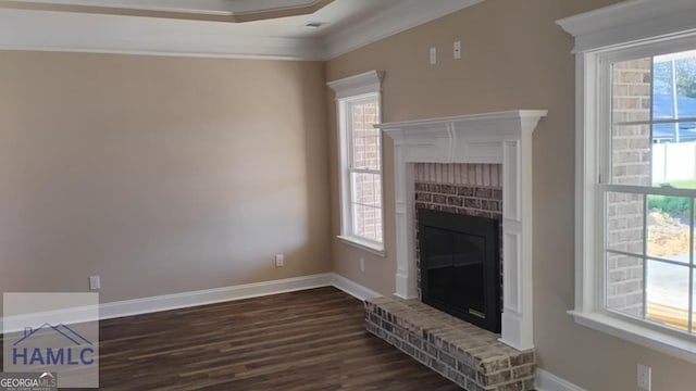 103 Abbie Ln, Glennville, GA 30427 - unfurnished living room featuring a fireplace, dark wood-type flooring, baseboards, and ornamental molding