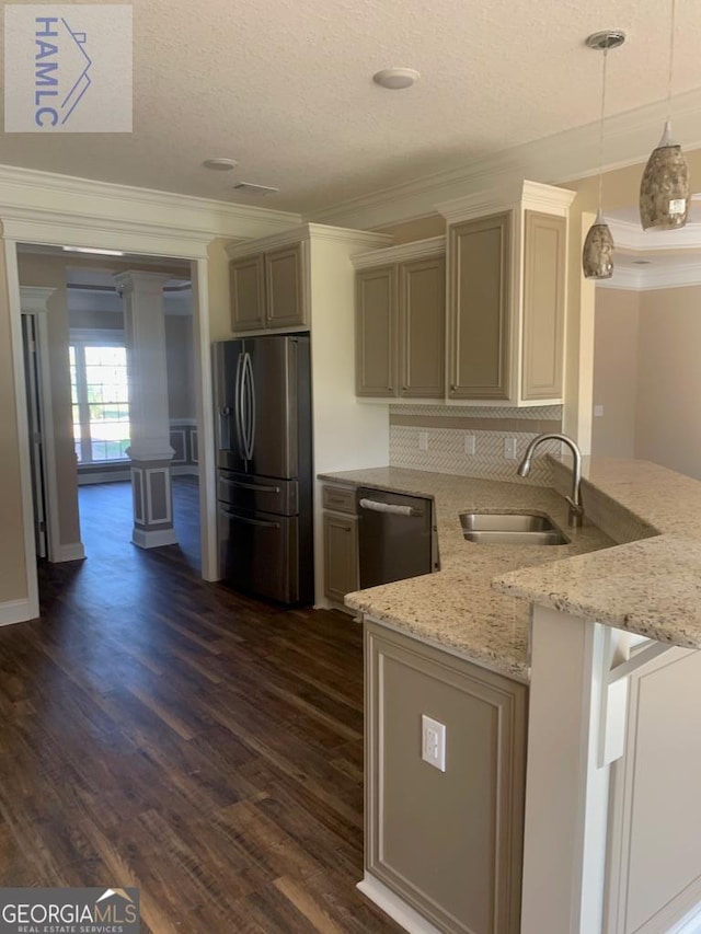 103 Abbie Ln, Glennville, GA 30427 - kitchen with stainless steel refrigerator with ice dispenser, a sink, ornamental molding, dishwashing machine, and dark wood finished floors