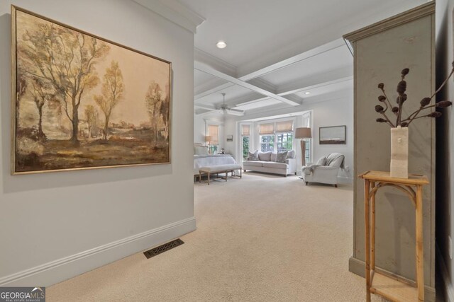 143 Wildwood Dr, Eatonton, GA 31024 - hall featuring carpet, coffered ceiling, beam ceiling, baseboards, and recessed lighting