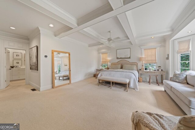 143 Wildwood Dr, Eatonton, GA 31024 - bedroom featuring light colored carpet, beamed ceiling, coffered ceiling, baseboards, and recessed lighting