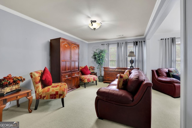 living room featuring light carpet and ornamental molding