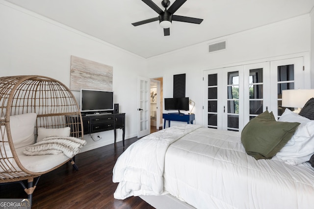 130 26th St NW Unit 801, Atlanta, GA 30309 - bedroom featuring french doors, ornamental molding, wood finished floors, and a ceiling fan