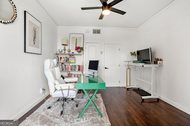 130 26th St NW Unit 801, Atlanta, GA 30309 - home office featuring a ceiling fan, wood finished floors, baseboards, and crown molding
