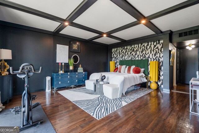 130 26th St NW Unit 801, Atlanta, GA 30309 - bedroom featuring coffered ceiling, wood finished floors, and beamed ceiling