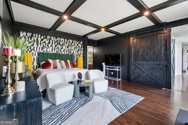 130 26th St NW Unit 801, Atlanta, GA 30309 - bedroom featuring a barn door, coffered ceiling, wood finished floors, and beam ceiling