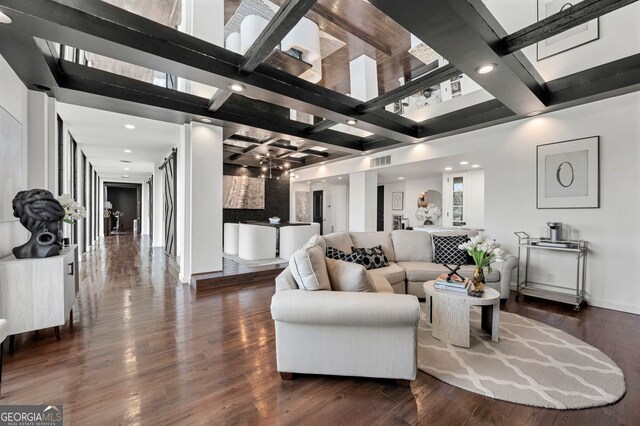 130 26th St NW Unit 801, Atlanta, GA 30309 - living area featuring wood finished floors, recessed lighting, baseboards, and beam ceiling