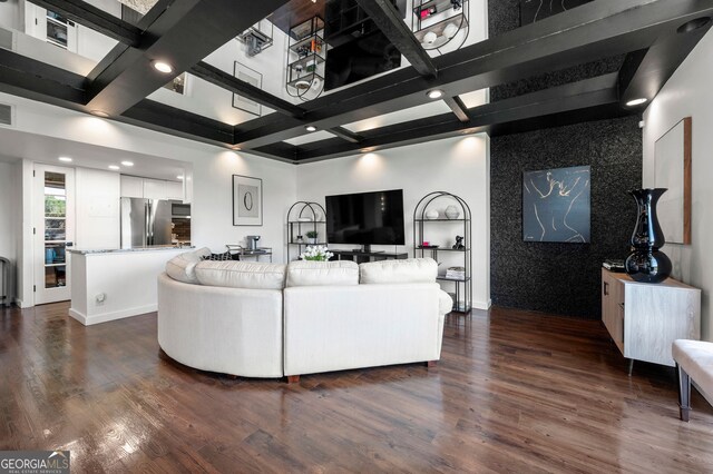130 26th St NW Unit 801, Atlanta, GA 30309 - living area featuring recessed lighting, dark wood-style flooring, beamed ceiling, coffered ceiling, and baseboards