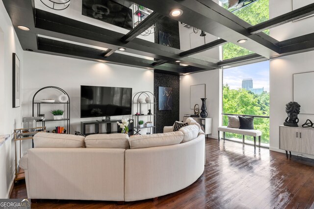 130 26th St NW Unit 801, Atlanta, GA 30309 - living area featuring dark wood-style flooring and floor to ceiling windows