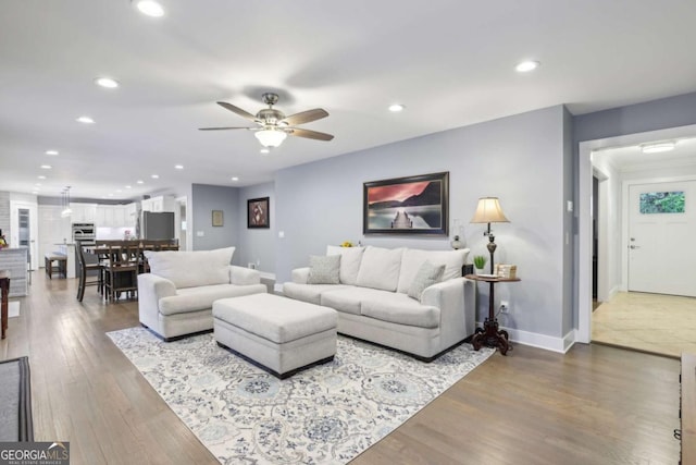 1280 Sherry Dr, Alpharetta, GA 30009 - living room featuring recessed lighting, a ceiling fan, dark wood-style floors, and baseboards