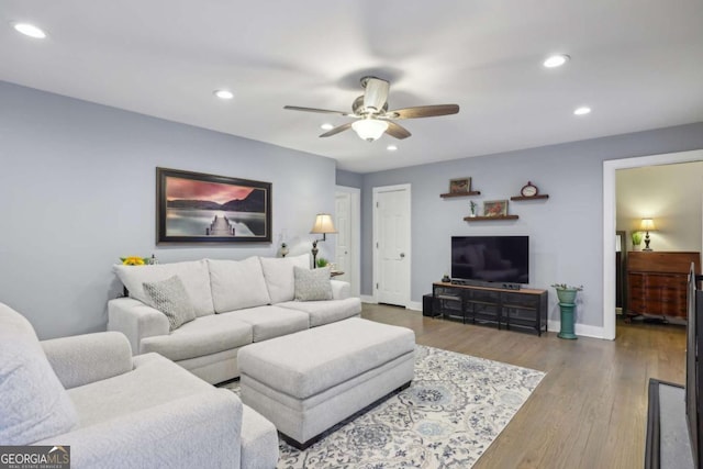 1280 Sherry Dr, Alpharetta, GA 30009 - living area with ceiling fan, baseboards, wood finished floors, and recessed lighting