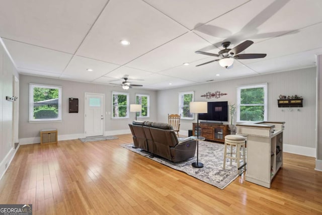 1280 Sherry Dr, Alpharetta, GA 30009 - living room featuring a ceiling fan, light wood-style floors, baseboards, and recessed lighting
