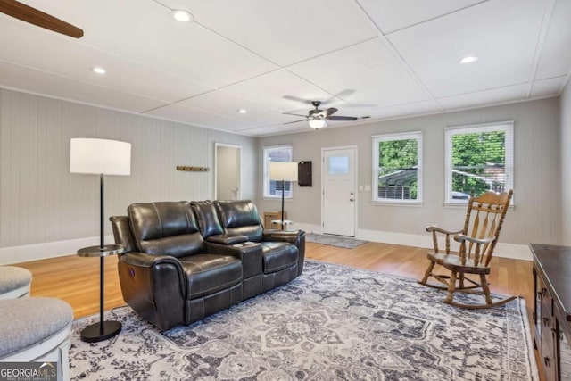 1280 Sherry Dr, Alpharetta, GA 30009 - living area featuring ceiling fan, wood finished floors, baseboards, and recessed lighting