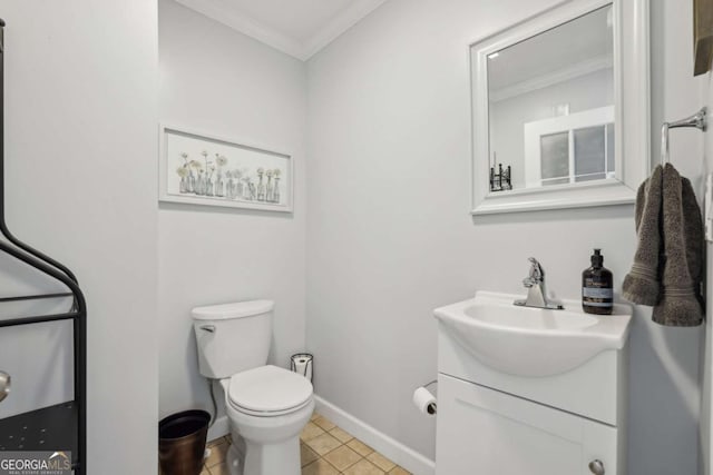 1280 Sherry Dr, Alpharetta, GA 30009 - half bath with crown molding, vanity, toilet, tile patterned floors, and baseboards