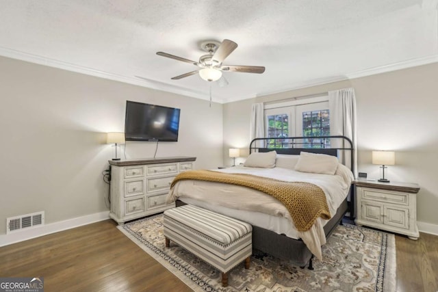 1280 Sherry Dr, Alpharetta, GA 30009 - bedroom with baseboards, french doors, wood finished floors, ornamental molding, and a ceiling fan