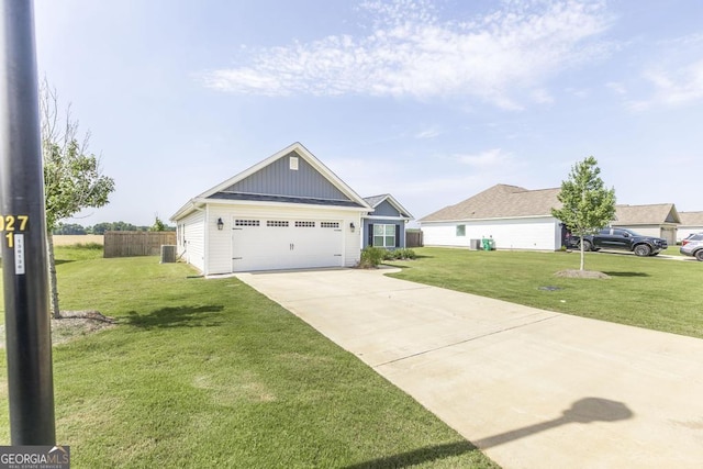 view of front of property featuring concrete driveway, central AC, a garage, and board and batten siding