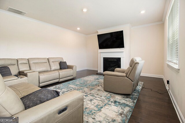 320 Conley Ave, Hampton, GA 30228 - living area with crown molding, dark wood-type flooring, a glass covered fireplace, and recessed lighting