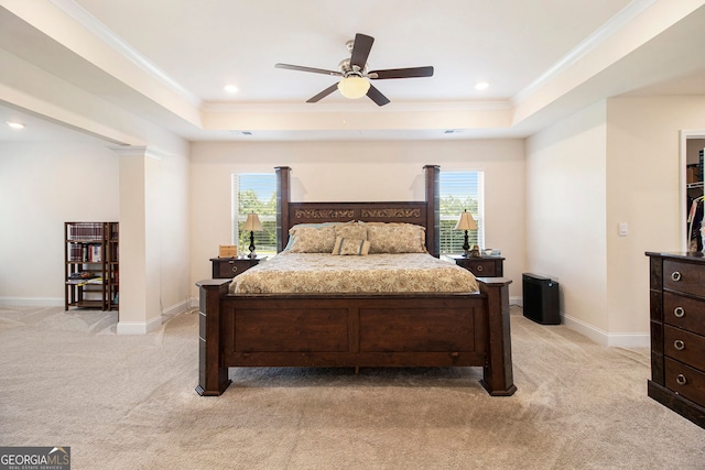 320 Conley Ave, Hampton, GA 30228 - bedroom with a raised ceiling, ornamental molding, light carpet, multiple windows, and recessed lighting