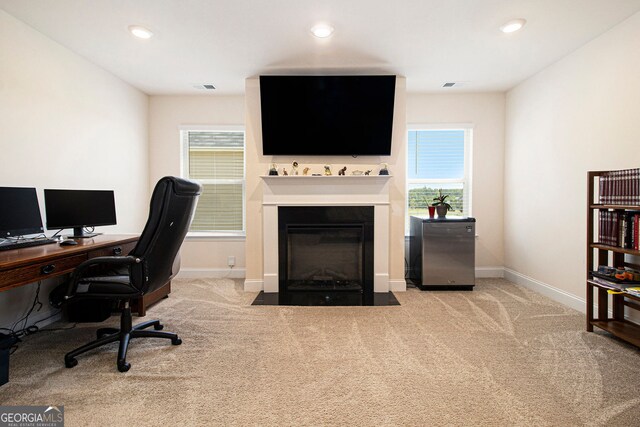 320 Conley Ave, Hampton, GA 30228 - office space with a fireplace with flush hearth, plenty of natural light, carpet flooring, and recessed lighting
