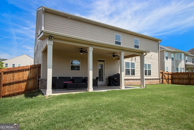 320 Conley Ave, Hampton, GA 30228 - rear view of house featuring ceiling fan, an outdoor hangout area, a patio area, a fenced backyard, and brick siding