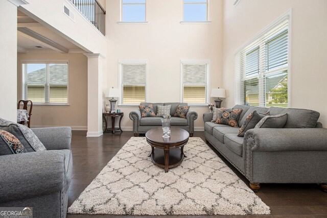 320 Conley Ave, Hampton, GA 30228 - living room with dark wood finished floors, a towering ceiling, and ornate columns