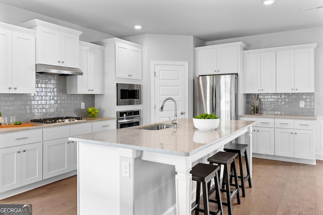 10 Georgian Oaks Ct, Newnan, GA 30265 - kitchen with a sink, appliances with stainless steel finishes, under cabinet range hood, recessed lighting, and light wood-style floors