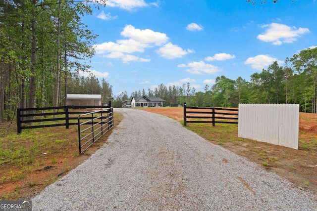 view of dirt / gravel driveway featuring a gated entry