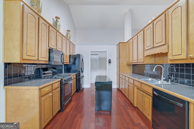 954 Josie Ct, Lawrenceville, GA 30045 - kitchen featuring black appliances, backsplash, dark wood-type flooring, and a center island