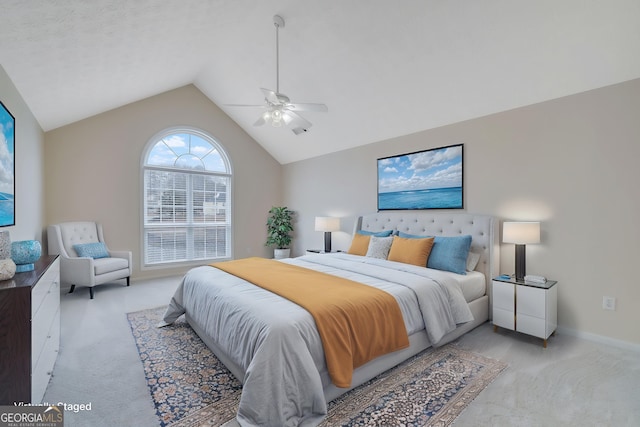 954 Josie Ct, Lawrenceville, GA 30045 - bedroom featuring light carpet, lofted ceiling, and ceiling fan