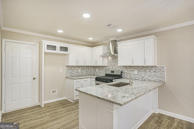 50 Fieldview Ln, Covington, GA 30016 - kitchen featuring wall chimney exhaust hood, stainless steel range with gas stovetop, a peninsula, light wood-style flooring, and white cabinetry