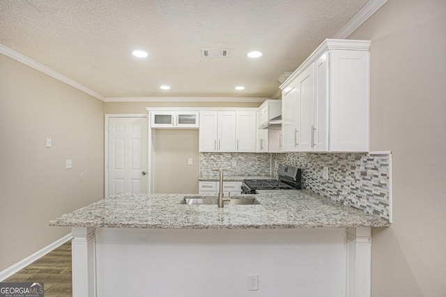 50 Fieldview Ln, Covington, GA 30016 - kitchen featuring gas stove, dark wood-type flooring, a peninsula, light stone counters, and crown molding