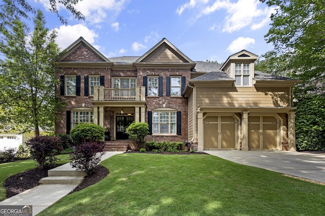 4840 Spring Park Cir, Suwanee, GA 30024 - colonial inspired home featuring driveway, brick siding, a front lawn, and an attached garage