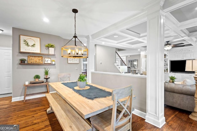 4840 Spring Park Cir, Suwanee, GA 30024 - dining area with a chandelier, dark wood-type flooring, baseboards, a ceiling fan, and coffered ceiling